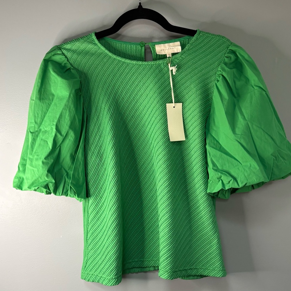 MELLODAY | NWT Emerald Textured Blouse Unique Balloon Sleeves Women’s Size Large